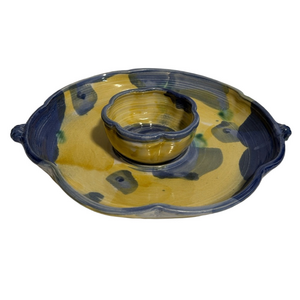 Vintage Marcia Cochran Blue & Yellow Glazed Chip & Dip Platter